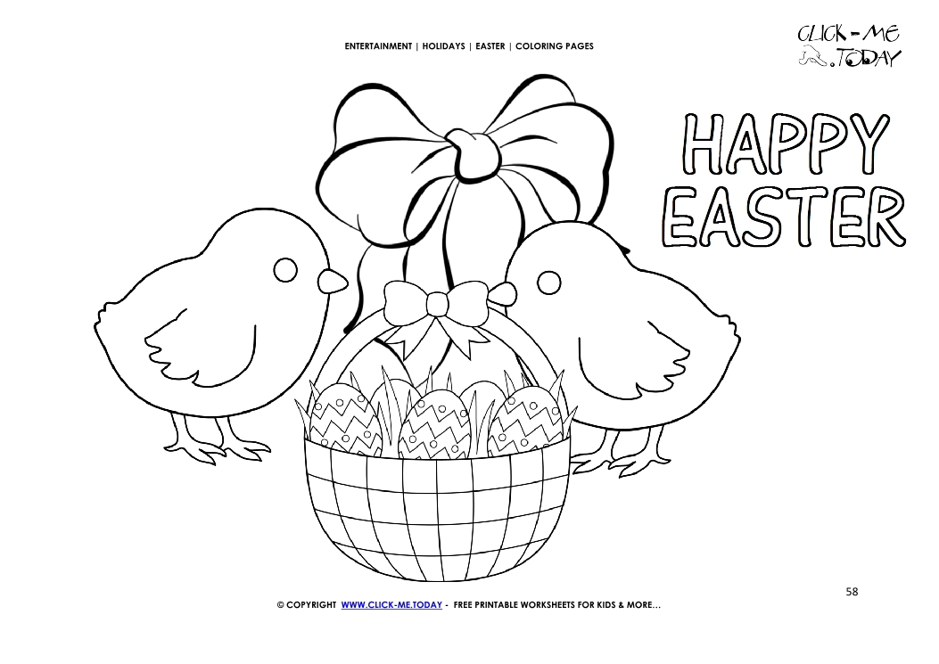 Easter Coloring Page: 58 Happy Easter chicks with basket & bow